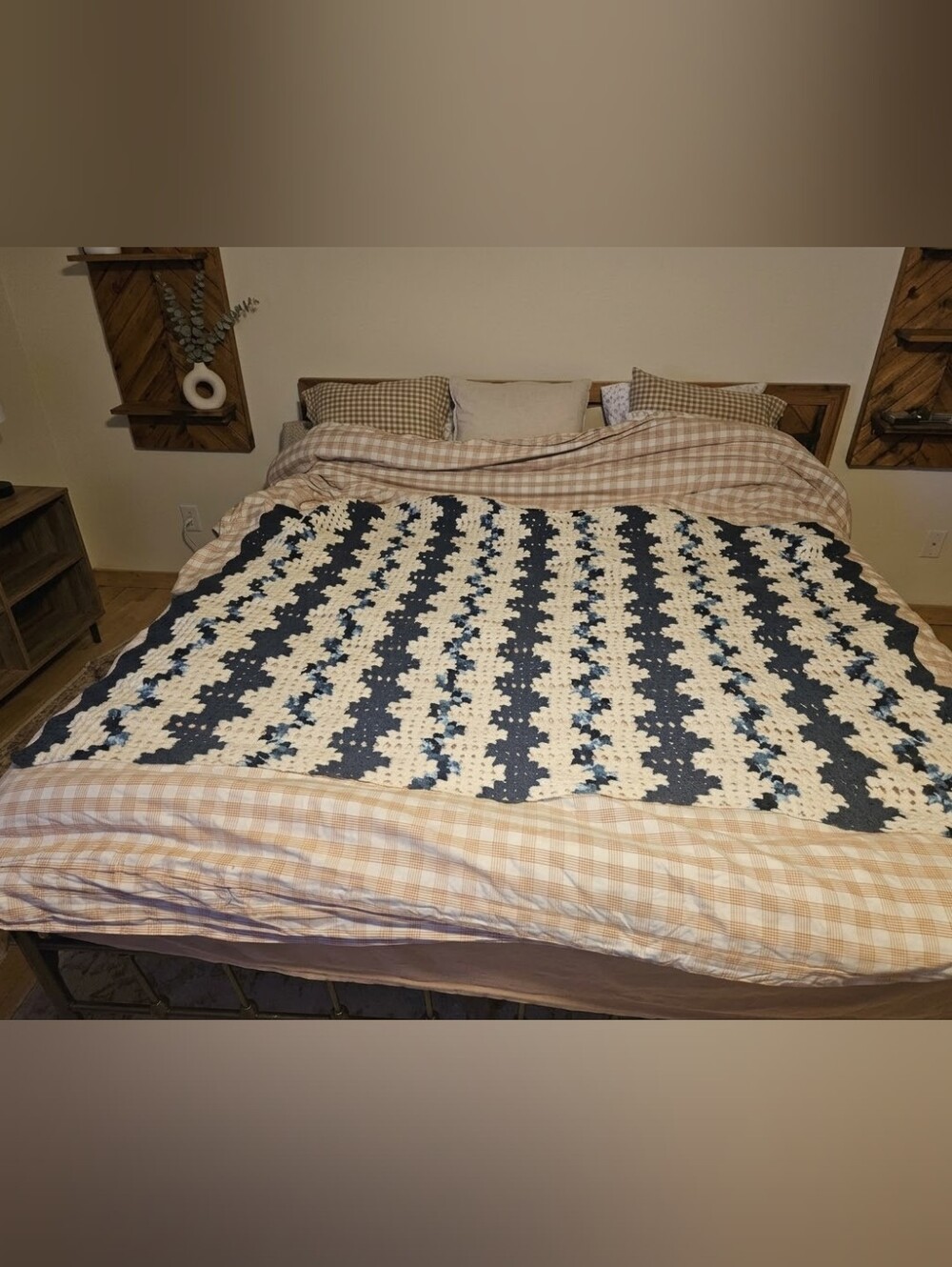 Handmade Crochet Throw Blanket in White and Blue